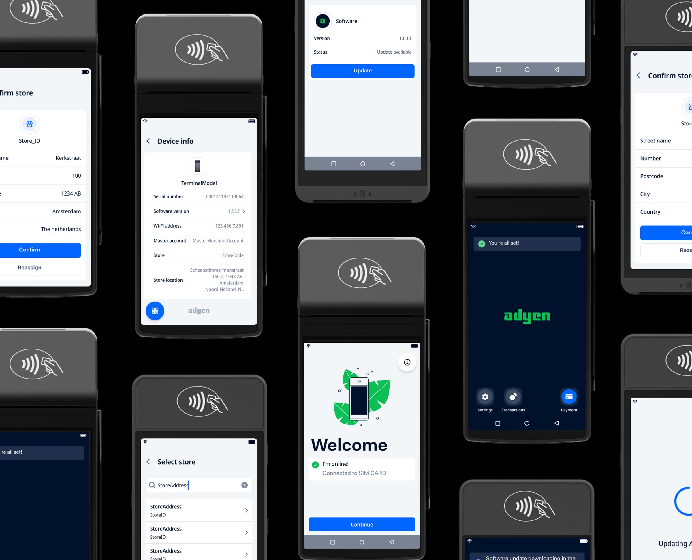 A grid of Adyen Android payment terminals showing setup screens: welcome, select and confirm store, device info, software update and the home screen