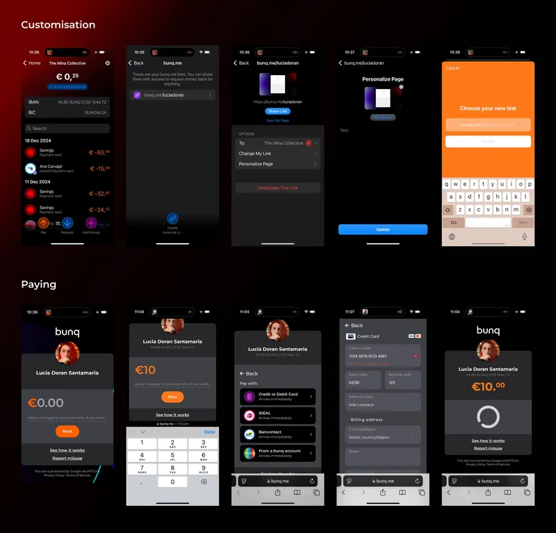 Mobile designs in two rows. Customisation: the account with its bunq.me link, the links list, link settings, personalising the page and choosing a new link. Paying: entering an amount, choosing a payment method, card details and the payment completing
