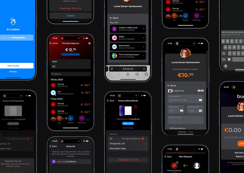 bunq.me screens in the app and on the web: the link is online, sharing it, the link settings, and paying by card, iDEAL or Bancontact
