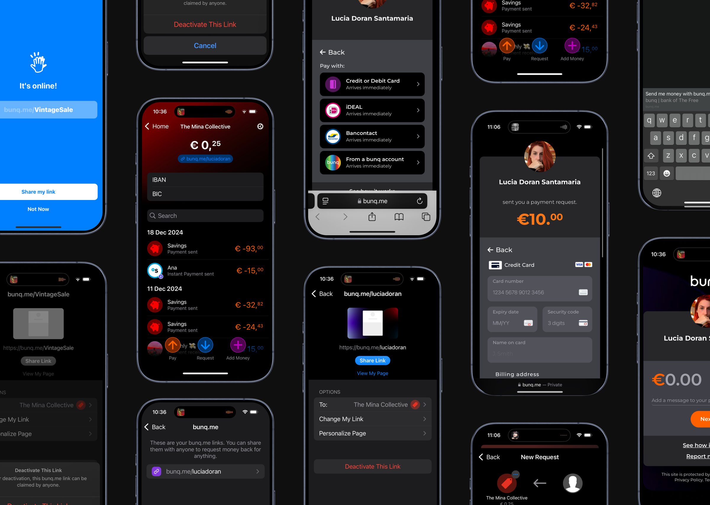 bunq.me screens in the app and on the web: the link is online, sharing it, the link settings, and paying by card, iDEAL or Bancontact