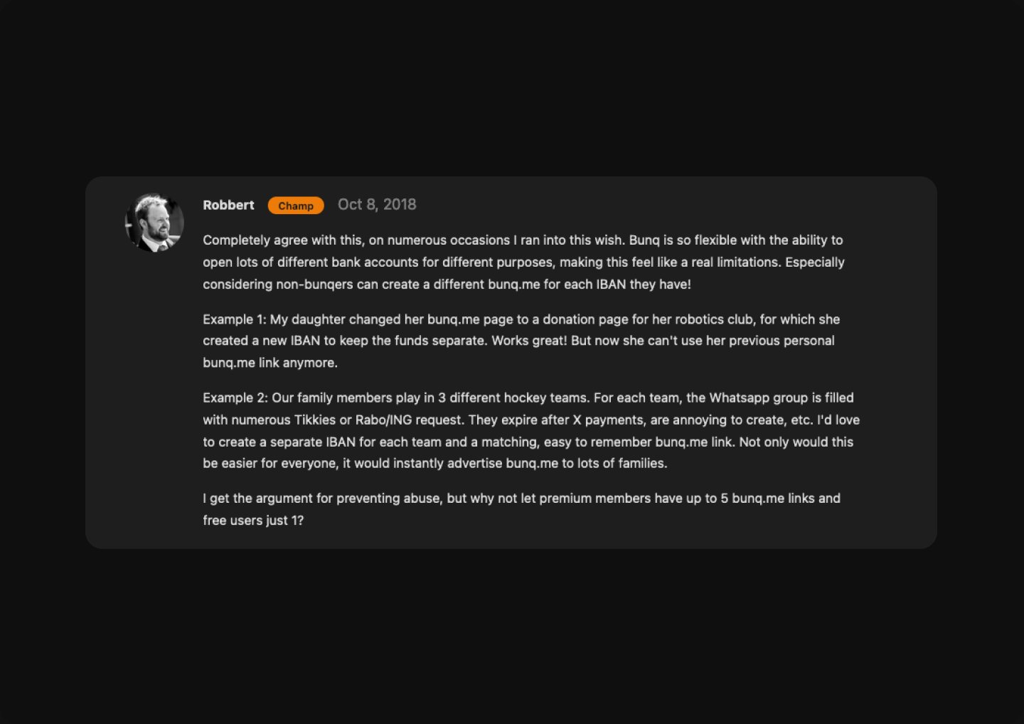 A bunq Together post from Robbert, Oct 8, 2018, asking for a separate bunq.me link per IBAN, with examples of a robotics club donation page and three hockey teams