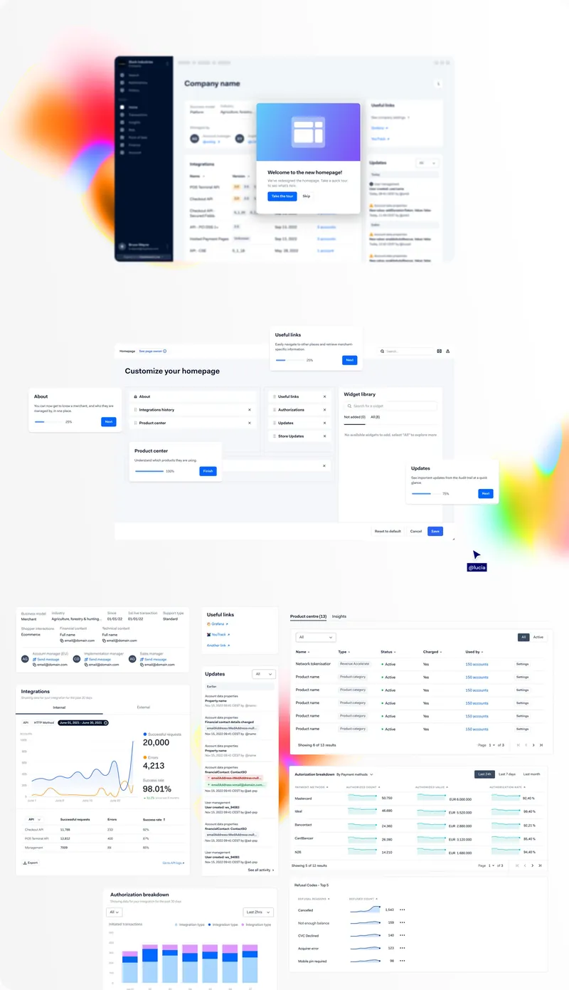The redesigned Customer Area homepage: a welcome tour, a customisable widget layout, and widgets for account details, integrations, updates, products and authorisations