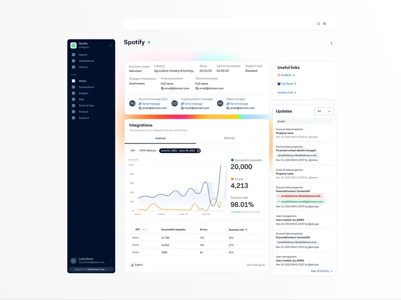 An Adyen dashboard showing a company’s account details, integration health and recent updates in one place