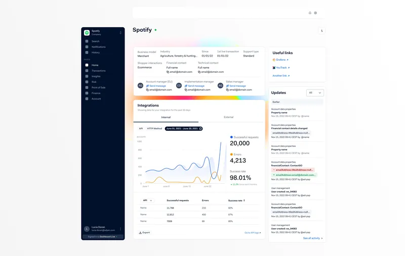 An Adyen dashboard showing a company’s account details, integration health and recent updates in one place