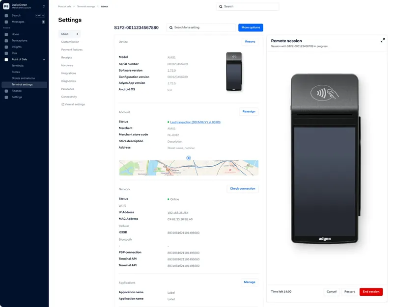 Concept: the Remote session panel embedded next to the terminal’s device, account and network details