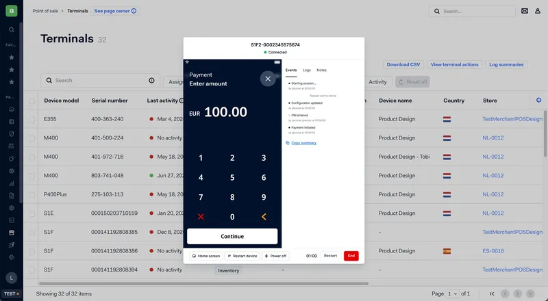 Concept: a centred Remote session modal over the Terminals list, showing the terminal’s payment screen next to its events log, with controls to restart, power off or end the session