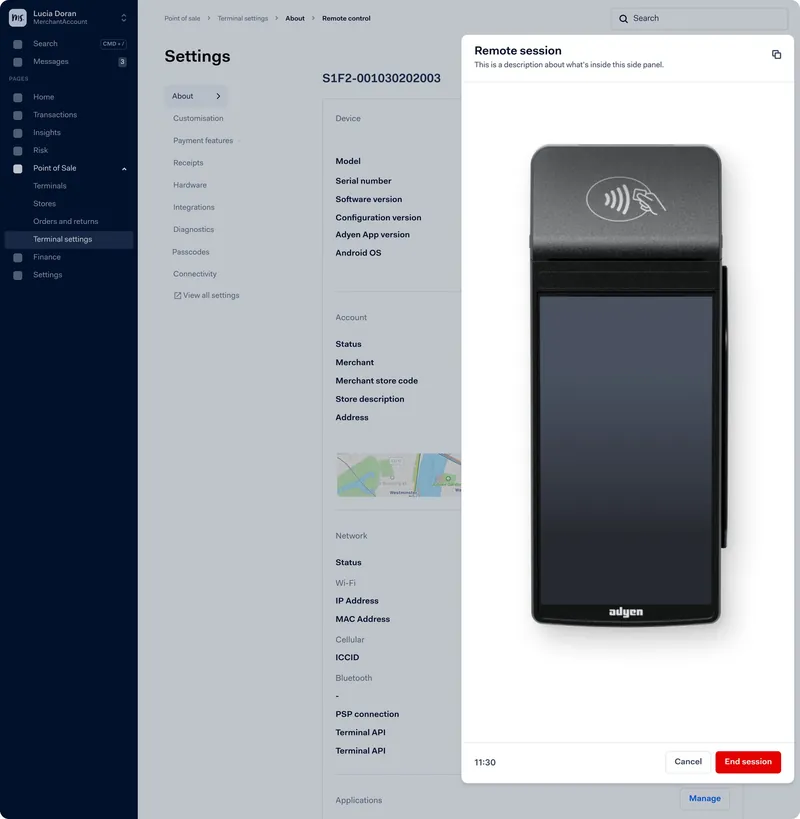 Concept: a Remote session side panel showing the payment terminal screen, covering the dimmed terminal settings page