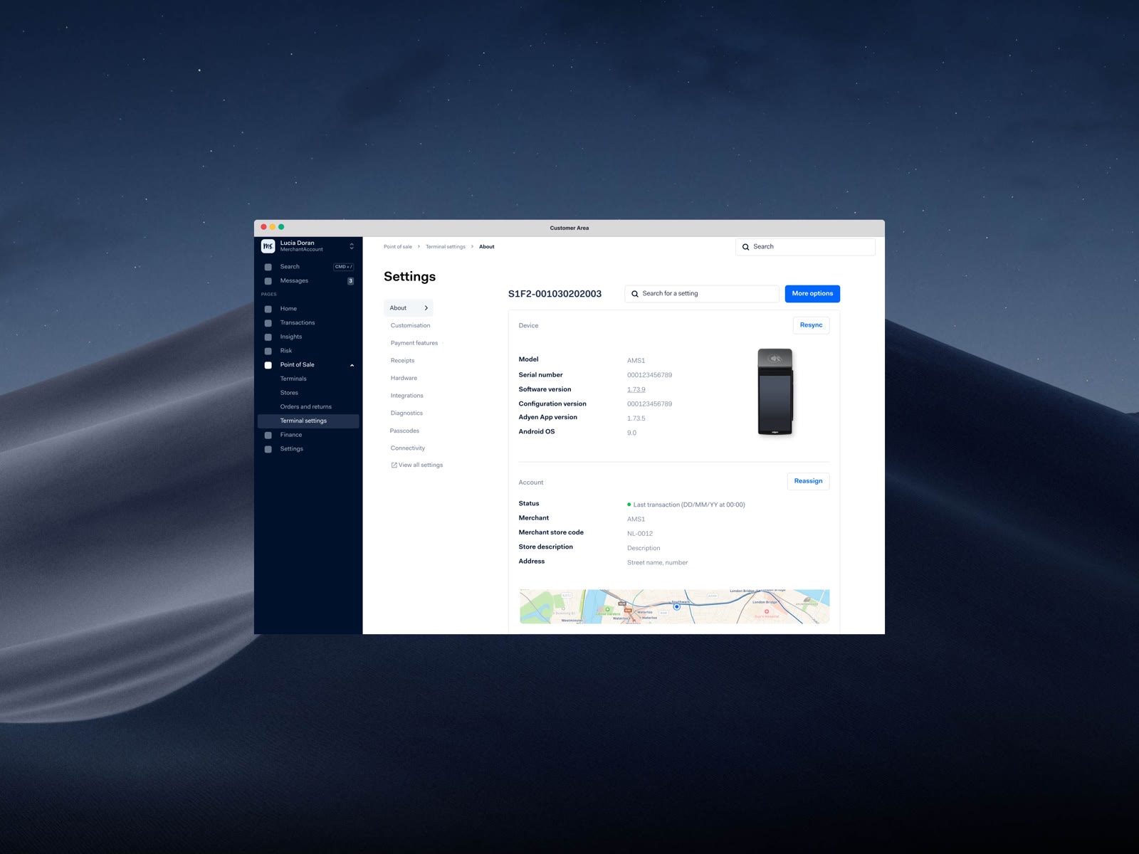 The Adyen Customer Area settings page for a single payment terminal