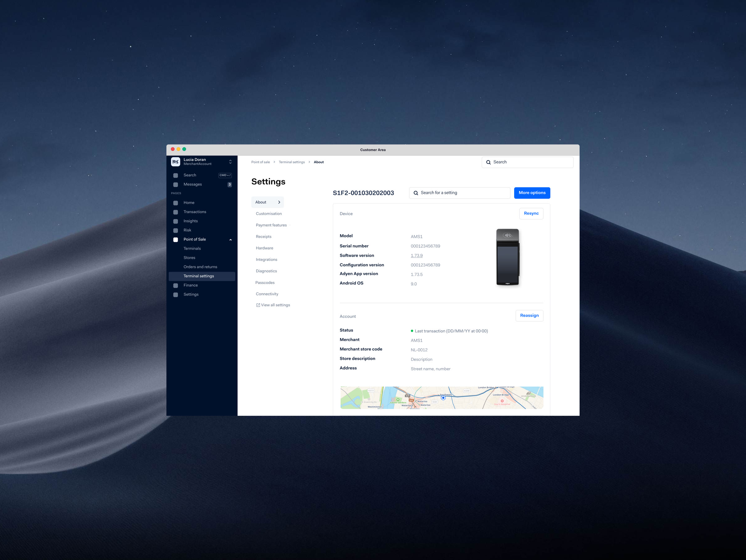 The Adyen Customer Area settings page for a single payment terminal, showing its device details, account and location