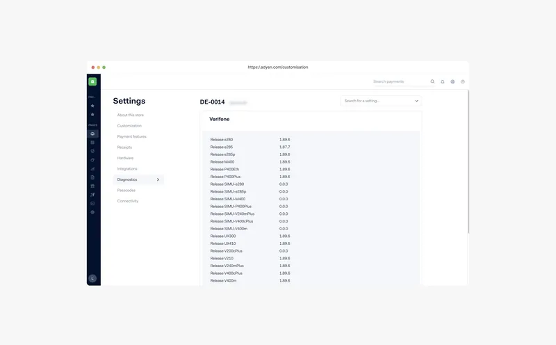 The old Diagnostics page for a store, showing a long list of Verifone release versions and nothing else