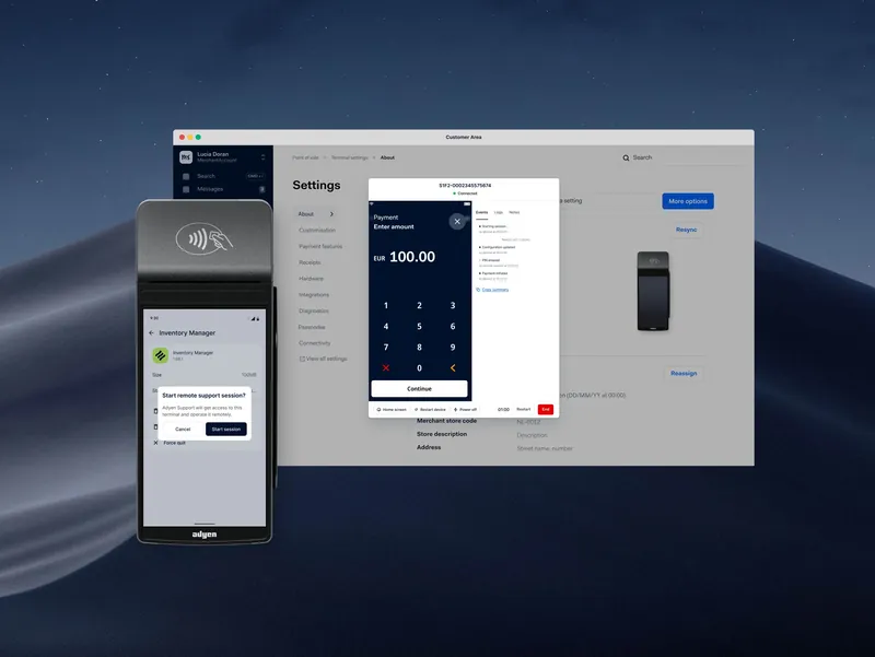 A remote session in progress: the Customer Area shows the terminal’s payment screen and event log, while the payment terminal asks staff to start a remote support session