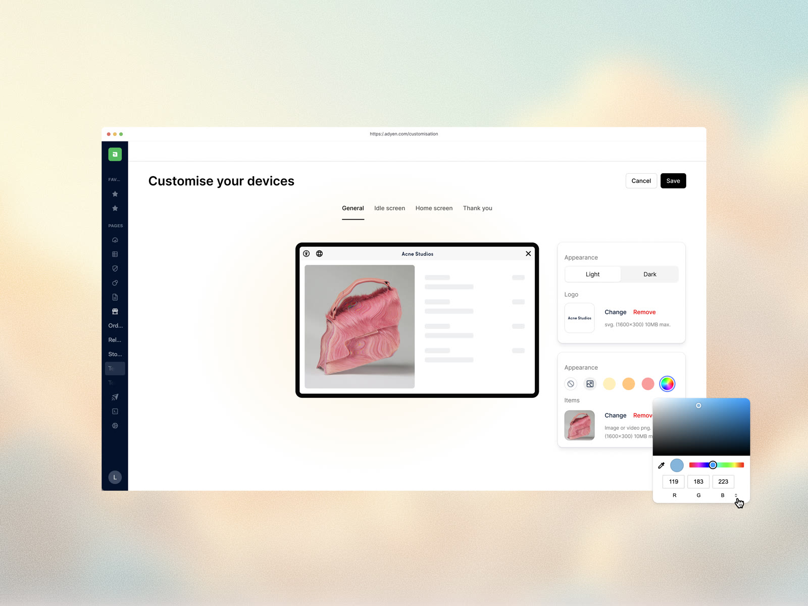 Customising how Adyen payment terminals look, with a colour picker open