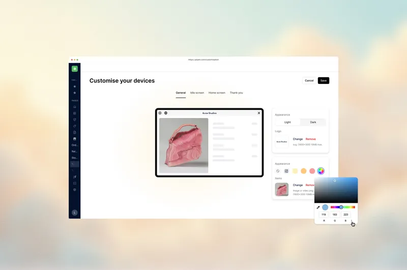 The Adyen Customer Area page for customising how payment terminals look, with a colour picker open