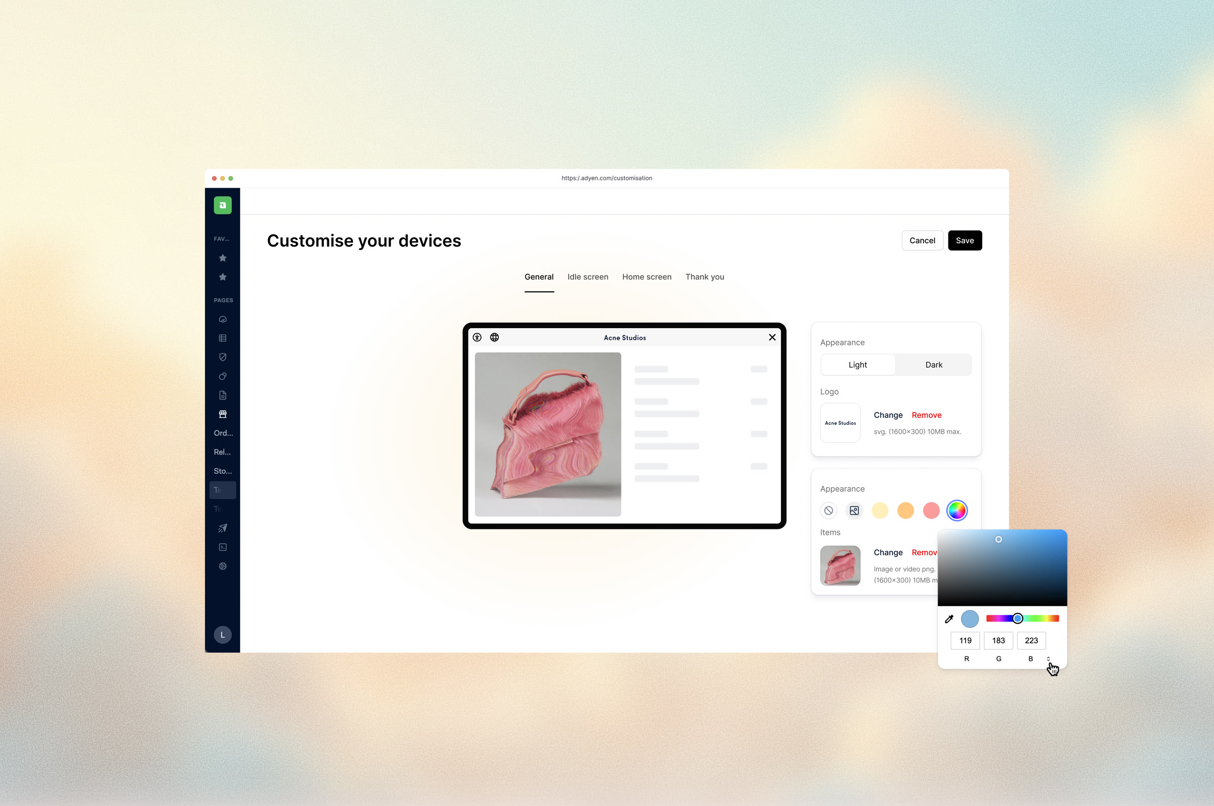 The Adyen Customer Area page for customising how payment terminals look, with a colour picker open